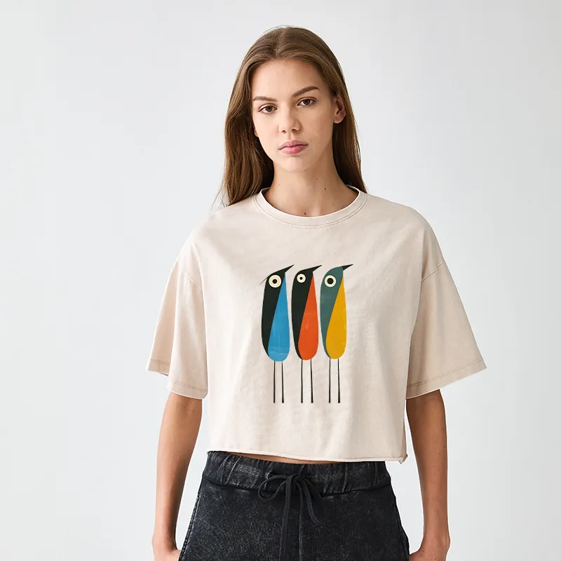 Tokyo-Tiger Bold Shape Birds Women's Washed Crop T-Shirt