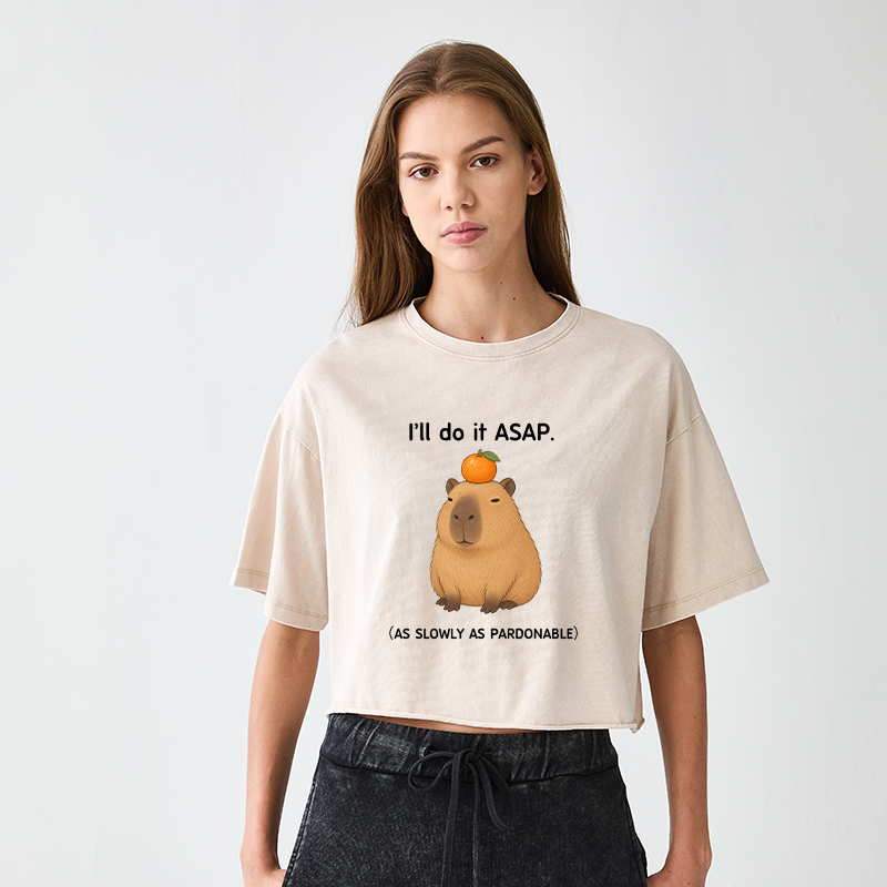 Tokyo-Tiger Slow Task Capybara Meme Women's Washed Crop T-Shirt