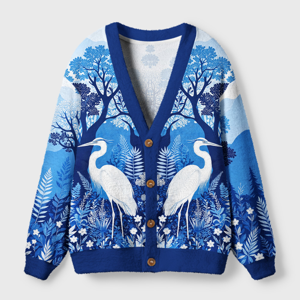 Tokyo-Tiger Blue Forest White Heron Ugly Cardigan Sweater