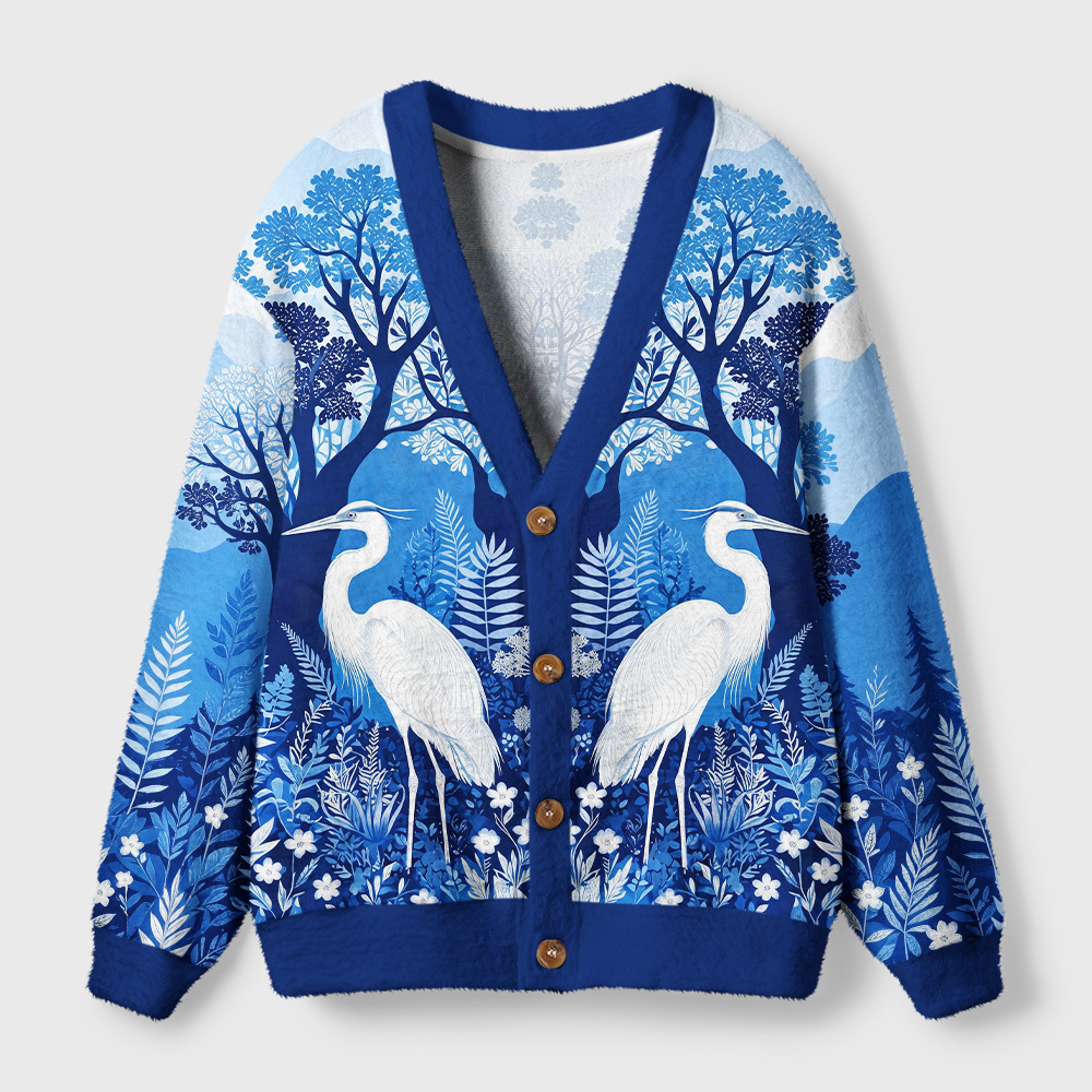 Tokyo-Tiger Blue Forest White Heron Ugly Cardigan Sweater