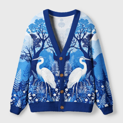 Tokyo-Tiger Blue Forest White Heron Ugly Cardigan Sweater