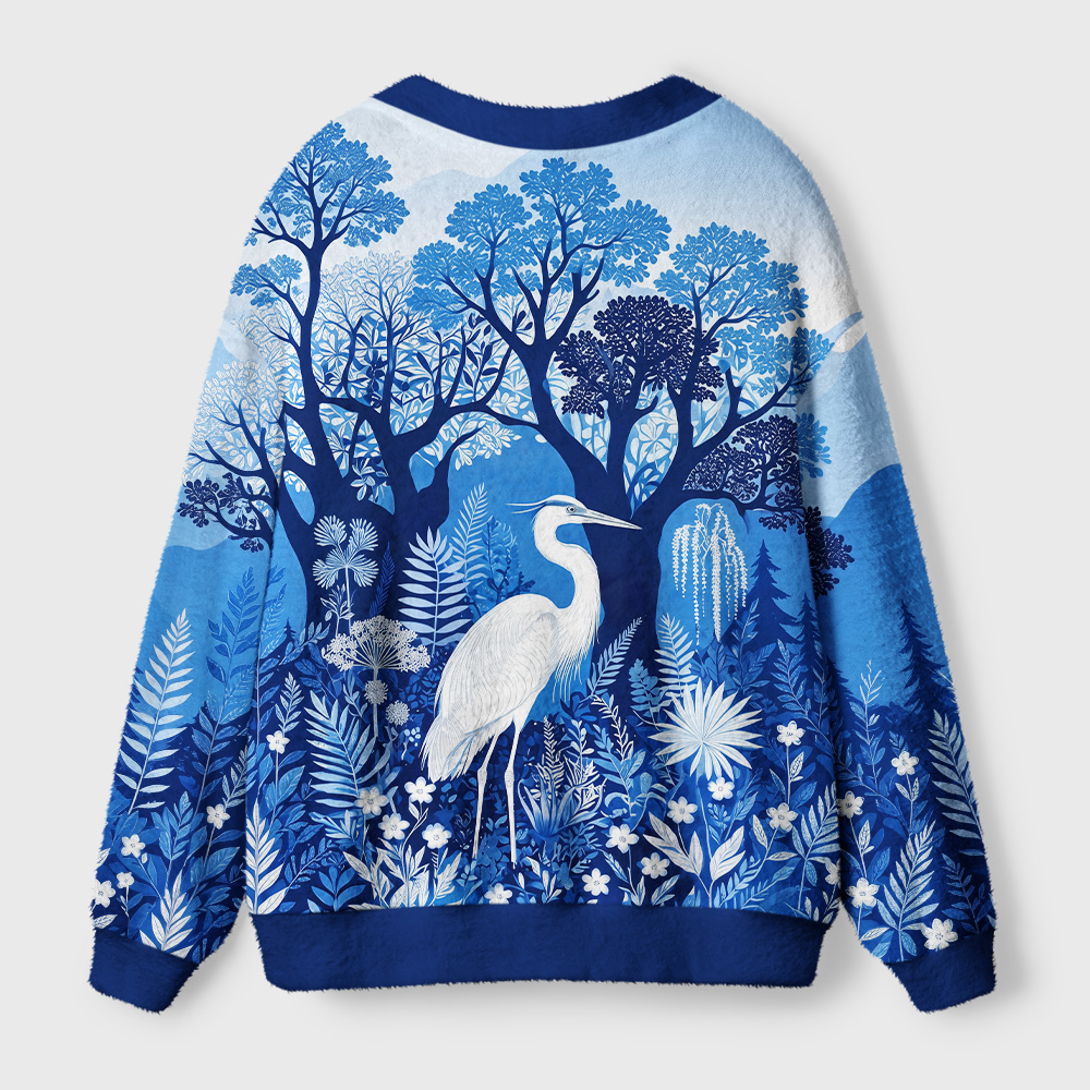 Tokyo-Tiger Blue Forest White Heron Ugly Cardigan Sweater