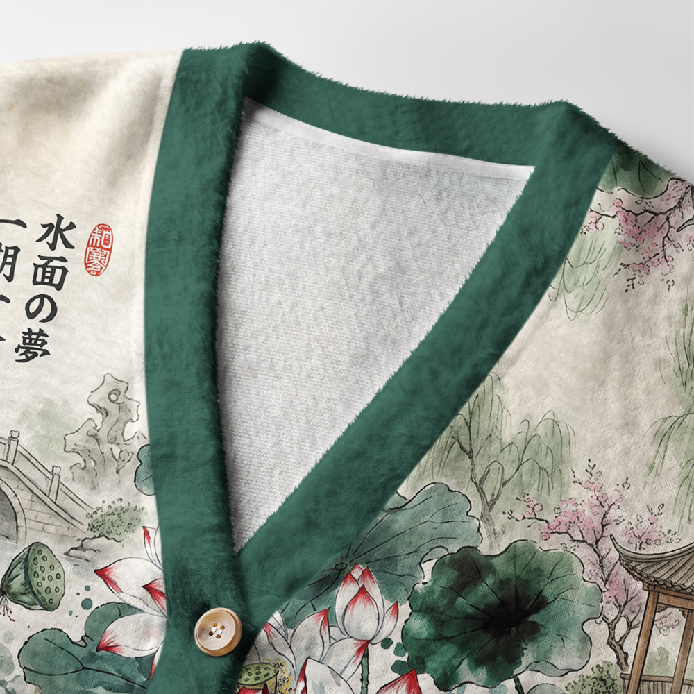 Tokyo-Tiger Lotus Lights Koi Dreams Ugly Cardigan Sweater