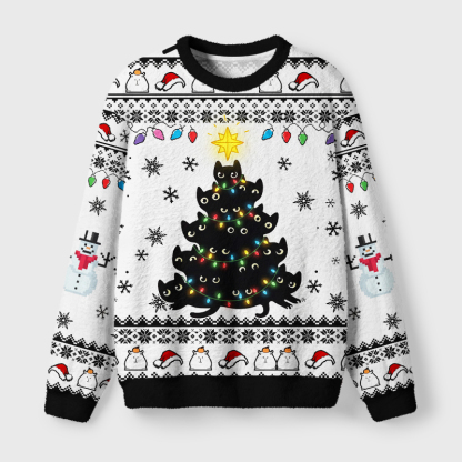 Tokyo-Tiger Funny Stacked Cat X‑mas Tree Fuzzy Christmas Ugly Sweatshirt
