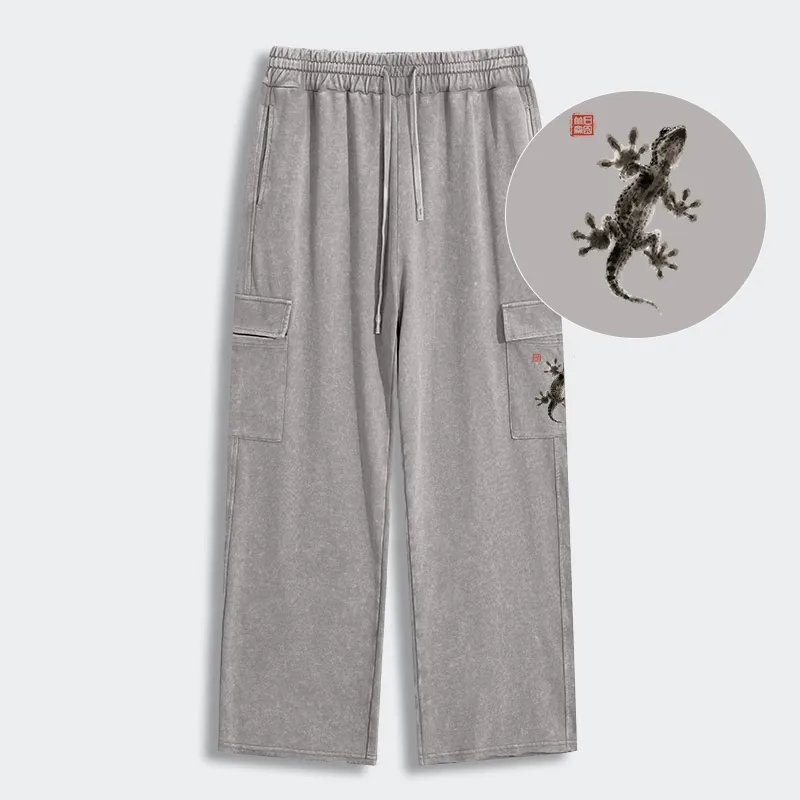 Tokyo-Tiger Minimal Asian Ink Brush Gecko Vibe Washed Utility Sweatpants