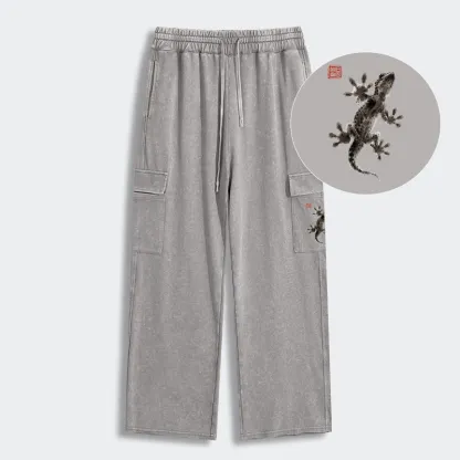 Tokyo-Tiger Minimal Asian Ink Brush Gecko Vibe Washed Utility Sweatpants