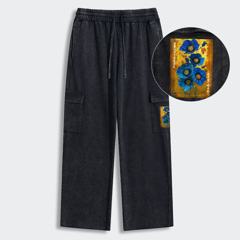 Tokyo-Tiger Shiny Blue Flower Warm Golden Background Washed Utility Sweatpants