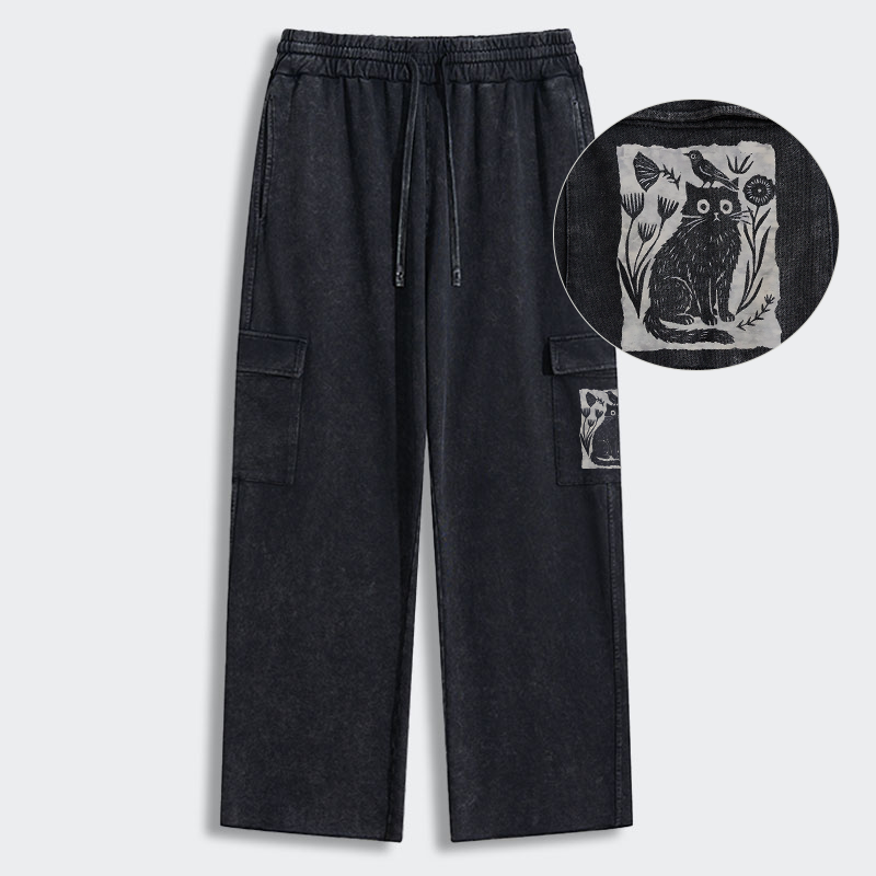 Tokyo-Tiger Folk Paper Cut Cat Bird Floral Art Washed Utility Sweatpants