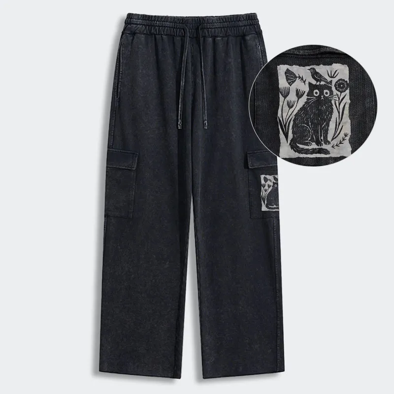 Tokyo-Tiger Folk Paper Cut Cat Bird Floral Art Washed Utility Sweatpants