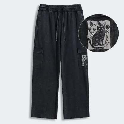 Tokyo-Tiger Folk Paper Cut Cat Bird Floral Art Washed Utility Sweatpants