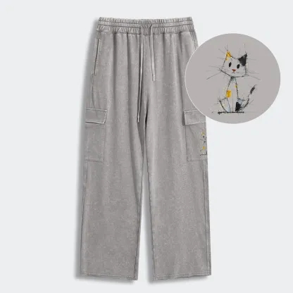 Tokyo-Tiger Minimal Splash Ink Cute Cat Washed Utility Sweatpants