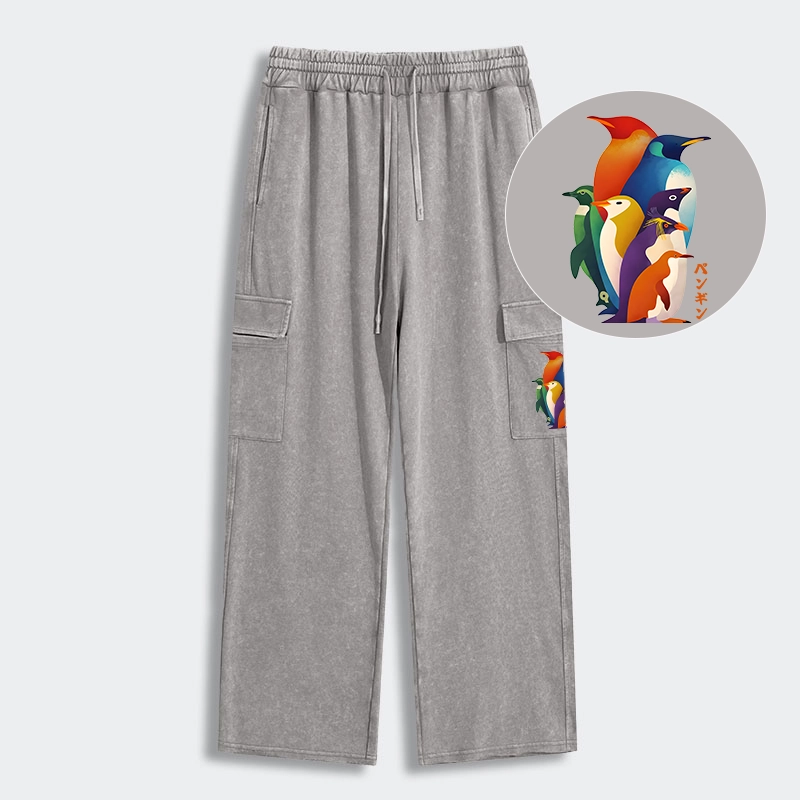 Tokyo-Tiger Cute Multi Tone Penguins Washed Utility Sweatpants