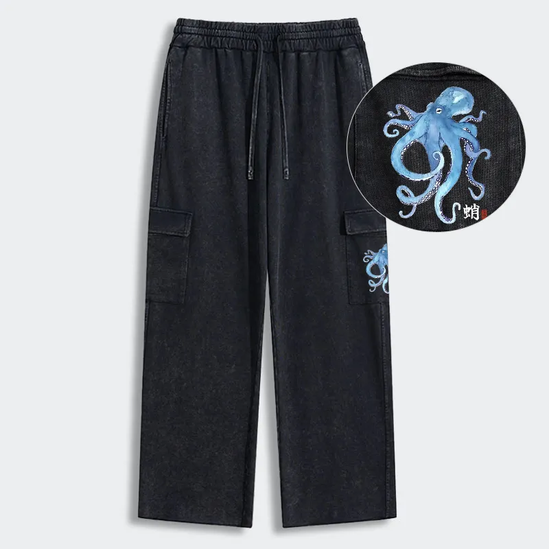Tokyo-Tiger Watercolor Blue Octopus Washed Utility Sweatpants