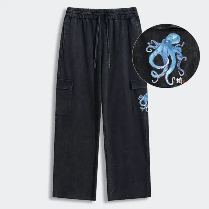 Tokyo-Tiger Watercolor Blue Octopus Washed Utility Sweatpants