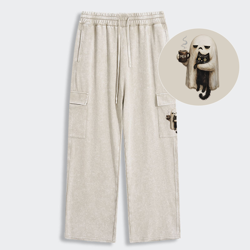 Tokyo-Tiger Ghost Cat Coffee Mood Washed Utility Sweatpants
