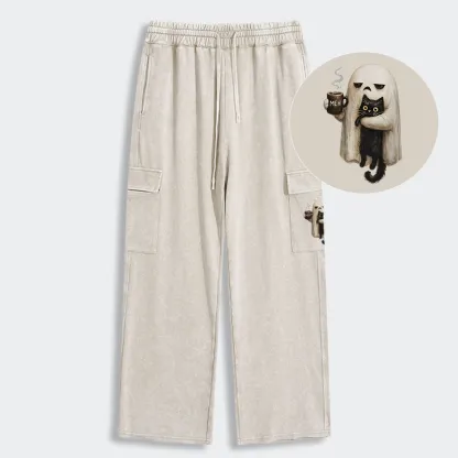 Tokyo-Tiger Ghost Cat Coffee Mood Washed Utility Sweatpants