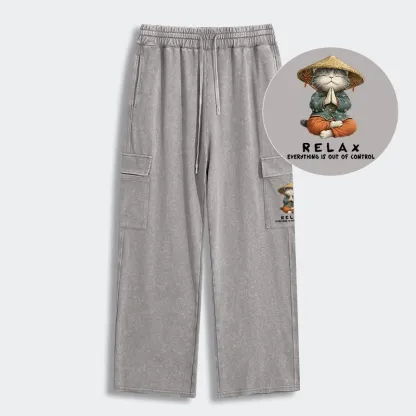 Tokyo-Tiger Zen Relax Cat Graphic Washed Utility Sweatpants