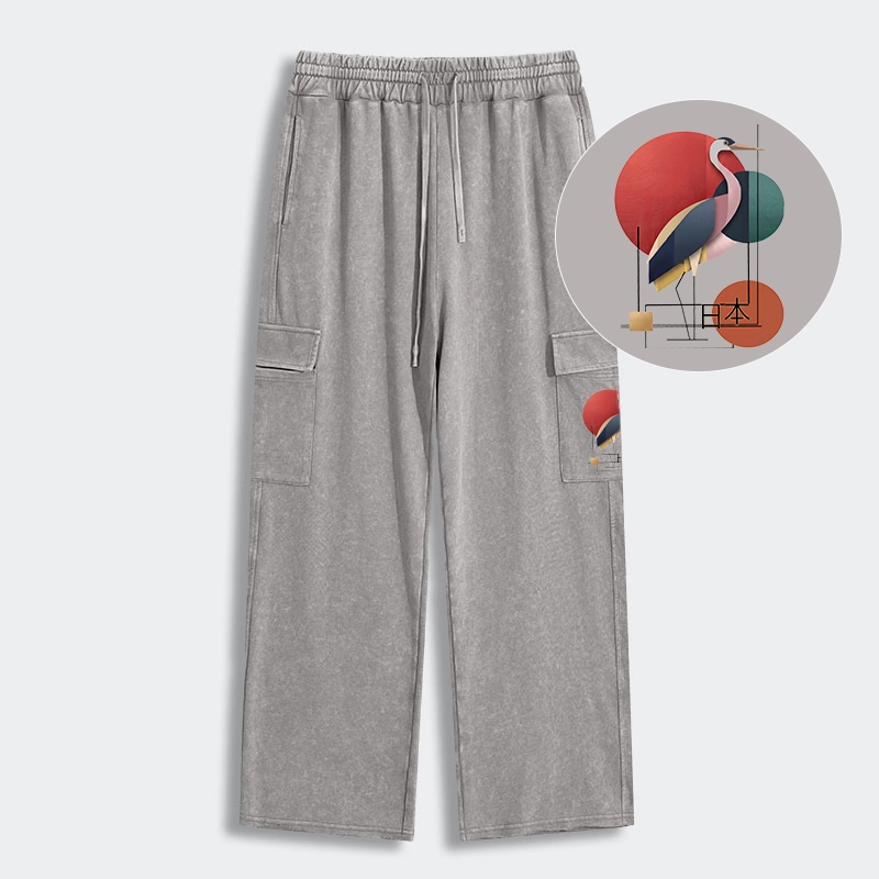 Tokyo-Tiger Geometric Crane Art Washed Utility Sweatpants