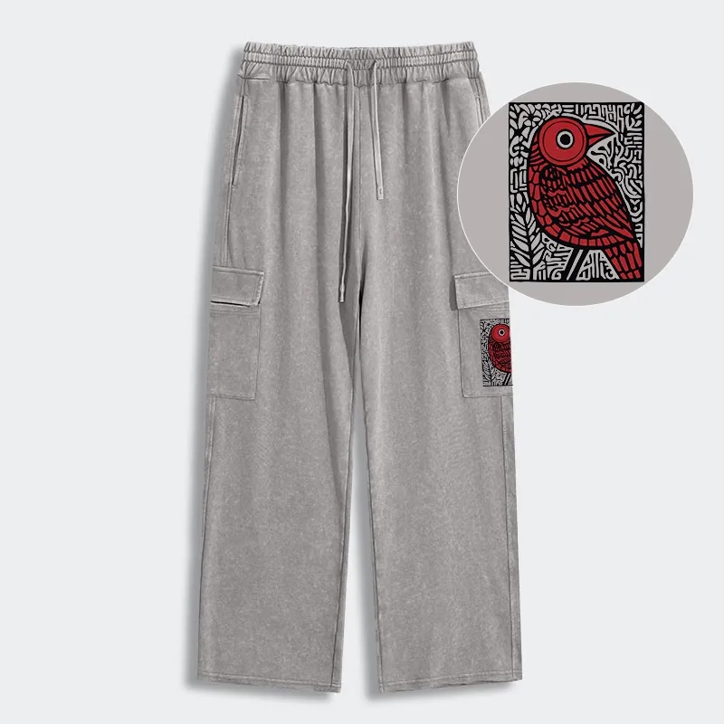 Tokyo-Tiger Retro Woodblock Bird Washed Utility Sweatpants