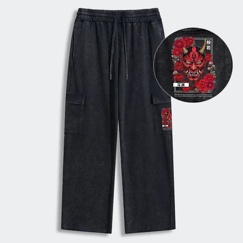 Tokyo-Tiger Cool Oni Floral Art Washed Utility Sweatpants