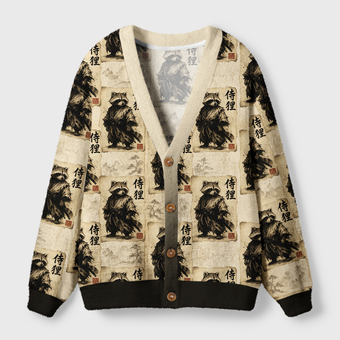 Tokyo-Tiger Retro Raccoon Samurai Ugly Cardigan Sweater