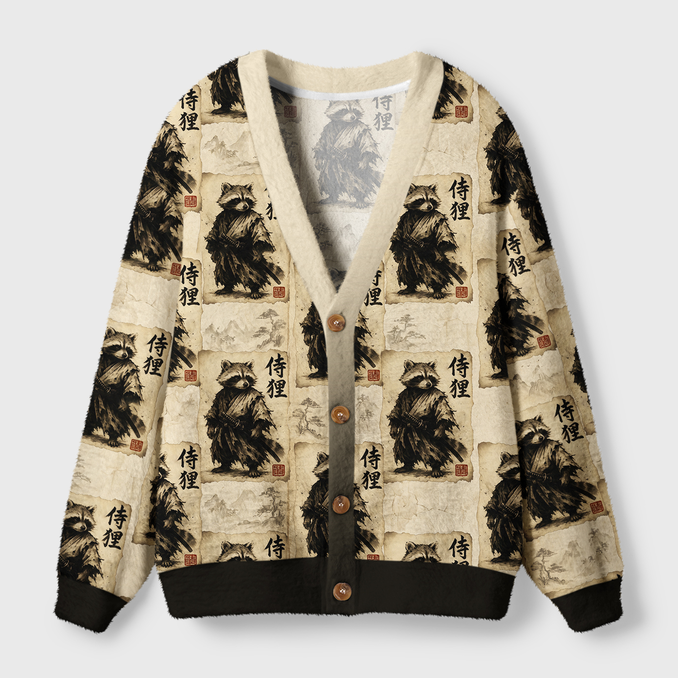 Tokyo-Tiger Retro Raccoon Samurai Ugly Cardigan Sweater