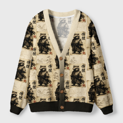 Tokyo-Tiger Retro Raccoon Samurai Ugly Cardigan Sweater