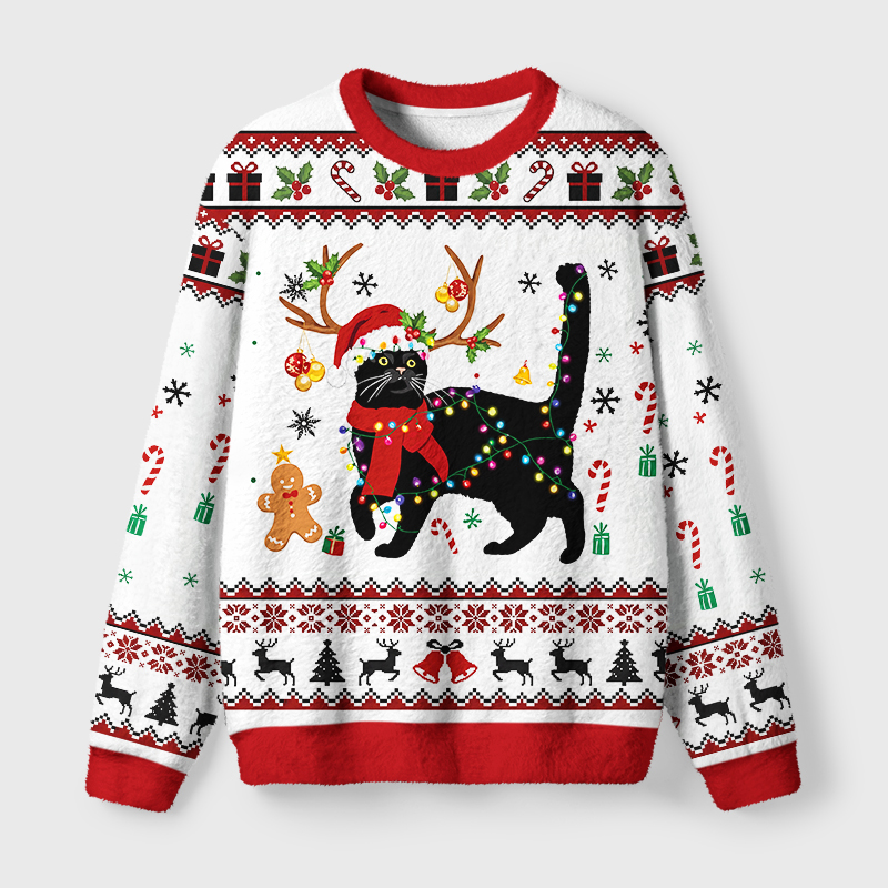 Tokyo-Tiger Christmas Black Cat Fuzzy Christmas Ugly Sweatshirt