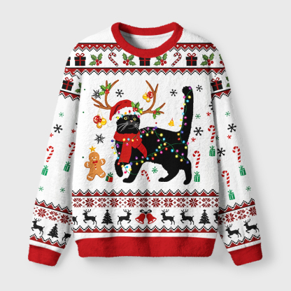 Tokyo-Tiger Christmas Black Cat Fuzzy Christmas Ugly Sweatshirt