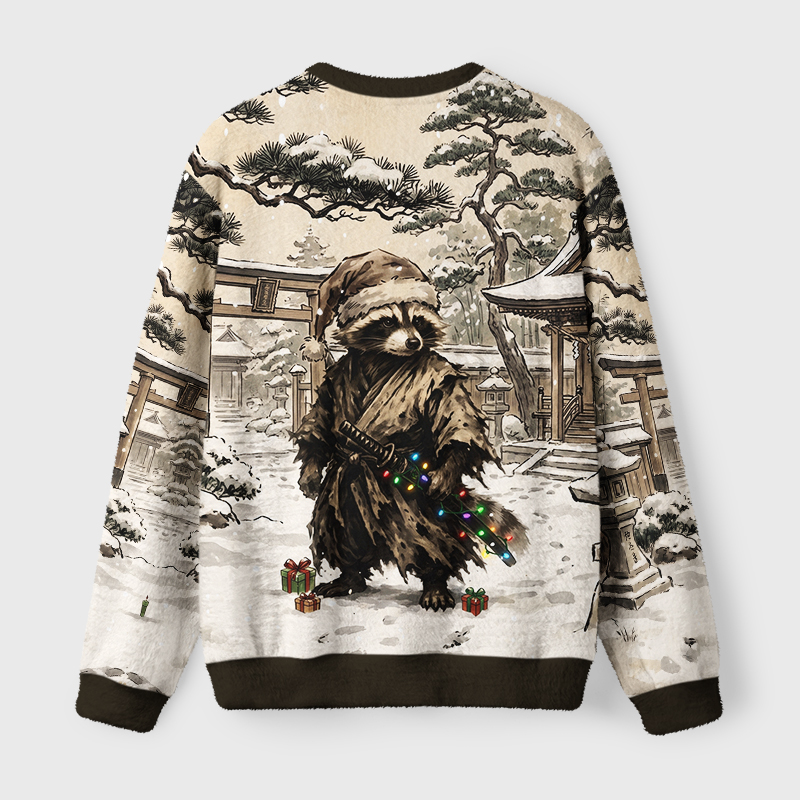 Tokyo-Tiger Retro Raccoon Samurai Fuzzy Christmas Ugly Sweatshirt