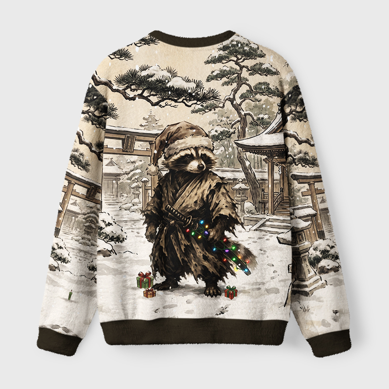 Tokyo-Tiger Retro Raccoon Samurai Fuzzy Christmas Ugly Sweatshirt