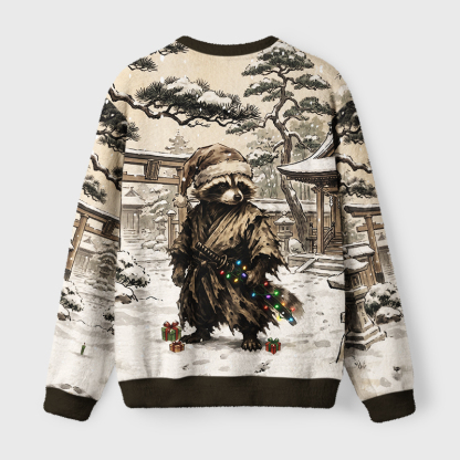 Tokyo-Tiger Retro Raccoon Samurai Fuzzy Christmas Ugly Sweatshirt