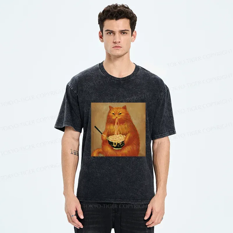 Tokyo-Tiger Cat Eating Ramen Japanese Retro Washed T-Shirt
