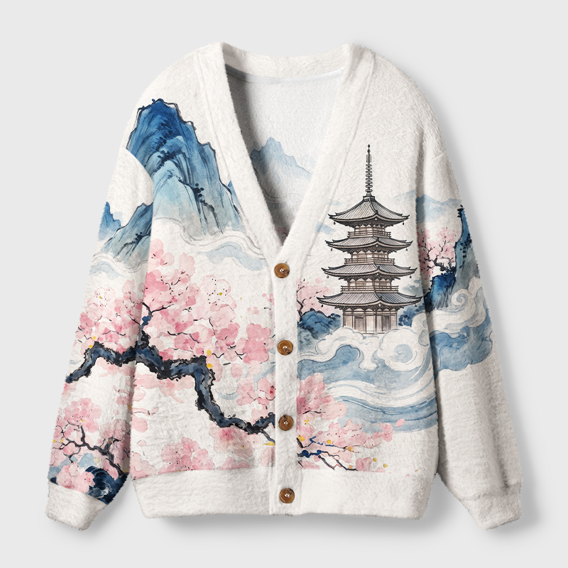 Tokyo-Tiger Japanese Pagoda Cherry Blossom Ink Landscape Ugly Cardigan Sweater
