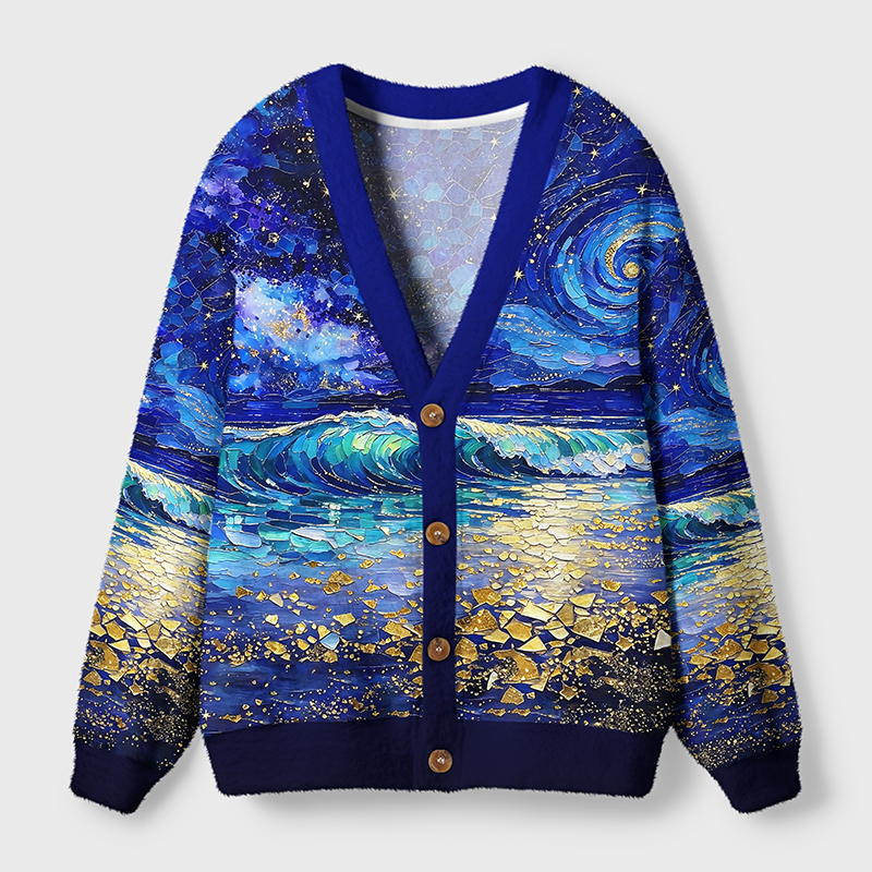 Tokyo-Tiger Ocean Under Swirling Stars Ugly Cardigan Sweater