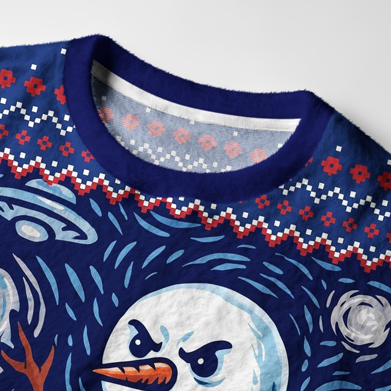Tokyo-Tiger Starry Night Style Angry Snowman Laser Breath Fuzzy Christmas Ugly Sweatshirt