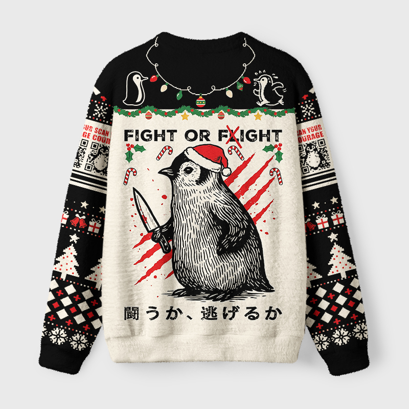 Tokyo-Tiger Woodblock Penguin:Fight Or Flight Fuzzy Christmas Ugly Sweatshirt