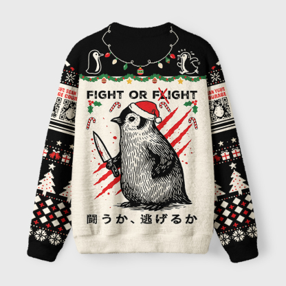 Tokyo-Tiger Woodblock Penguin:Fight Or Flight Fuzzy Christmas Ugly Sweatshirt