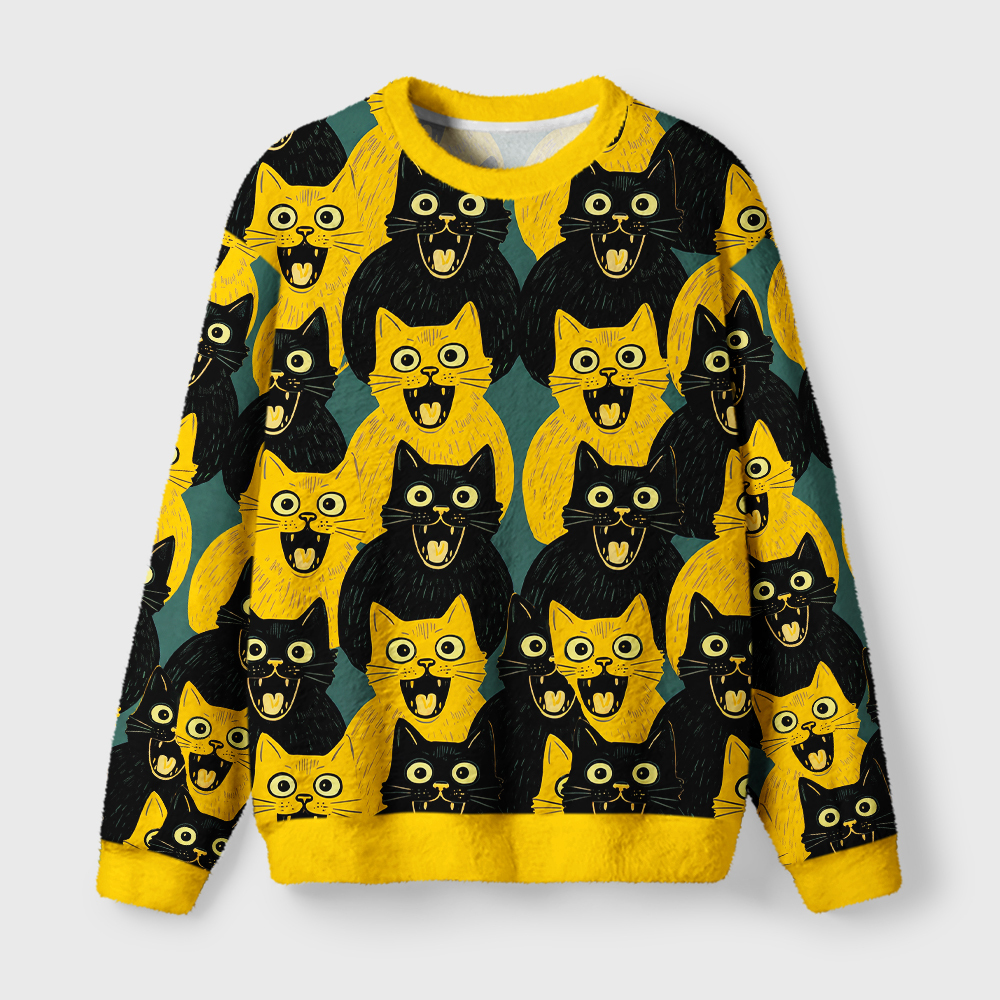Tokyo-Tiger Yellow Cat And Black Cat Fuzzy Christmas Ugly Sweatshirt