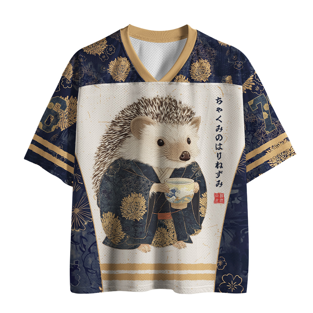 Tokyo-Tiger Tea‑Pouring Hedgehog Mesh Jersey