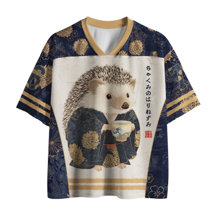 Tokyo-Tiger Tea‑Pouring Hedgehog Mesh Jersey