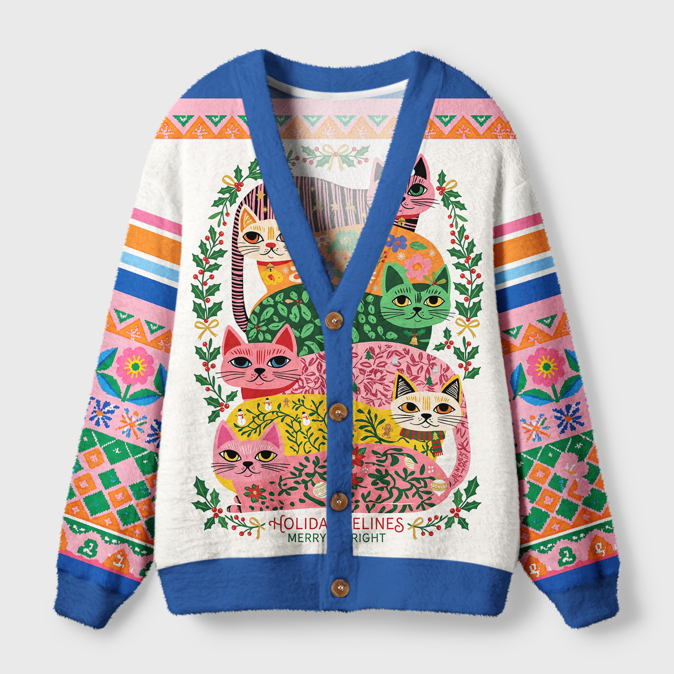 Tokyo-Tiger Funny Cat：The Cat Stack Fuzzy Christmas Ugly Cardigan Sweater
