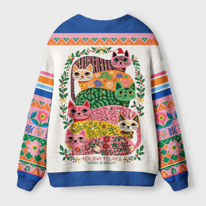 Tokyo-Tiger Funny Cat：The Cat Stack Fuzzy Christmas Ugly Cardigan Sweater