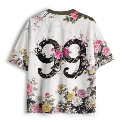 Tokyo-Tiger Ink Wash Black Cat Floral Mesh Jersey