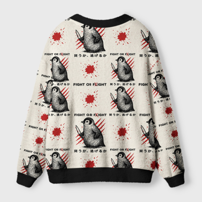 Tokyo-Tiger Woodblock Penguin:Fight Or Flight Ugly Cardigan Sweater