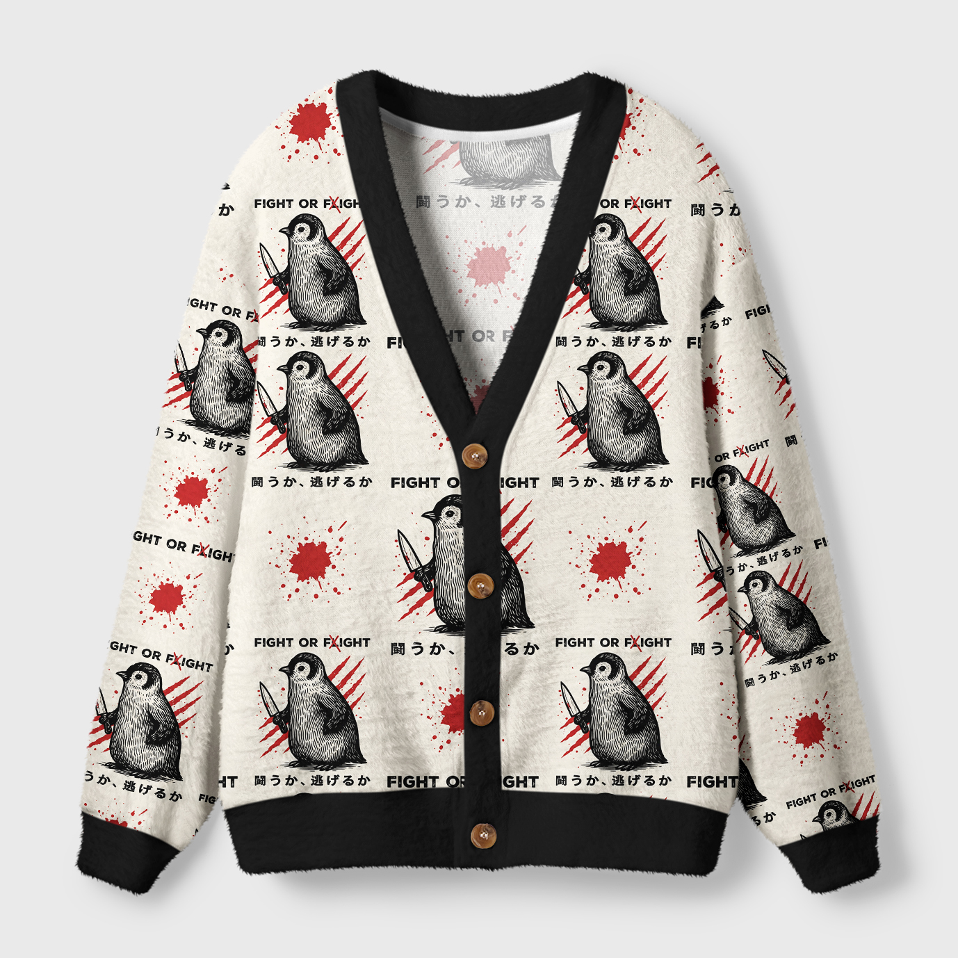 Tokyo-Tiger Woodblock Penguin:Fight Or Flight Ugly Cardigan Sweater