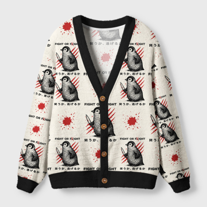 Tokyo-Tiger Woodblock Penguin:Fight Or Flight Ugly Cardigan Sweater