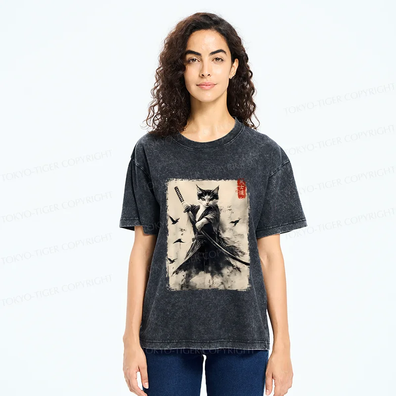 Tokyo-Tiger Retro Cat Samurai Poster Washed T-Shirt