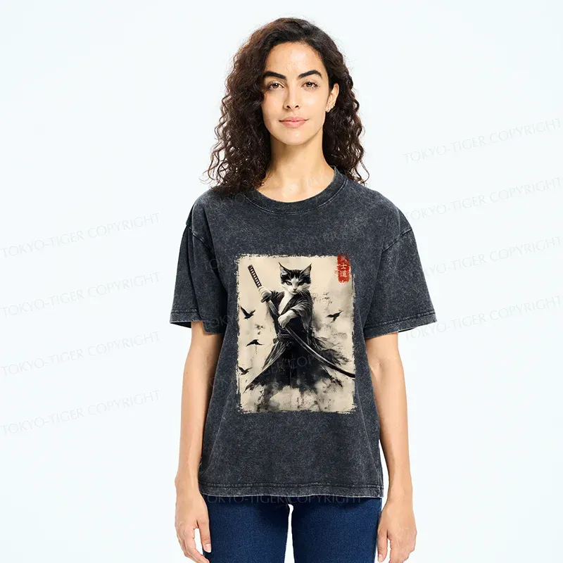 Tokyo-Tiger Retro Cat Samurai Poster Washed T-Shirt