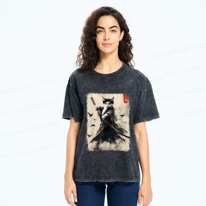 Tokyo-Tiger Retro Cat Samurai Poster Washed T-Shirt